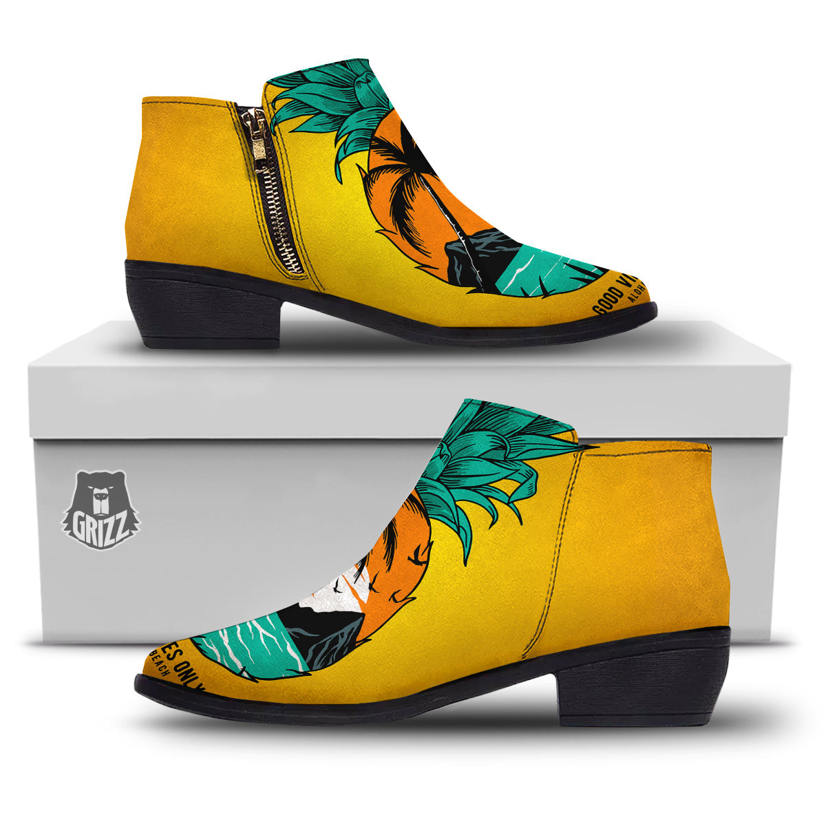 Yellow Pineapple Aloha Tropical Island Print Ankle Boots-grizzshop
