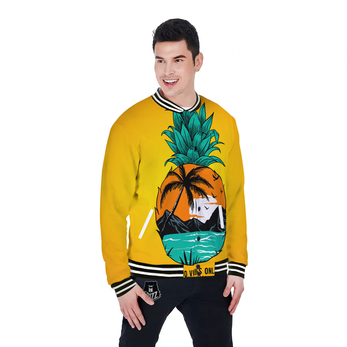 Yellow Pineapple Aloha Tropical Island Print Baseball Jacket-grizzshop