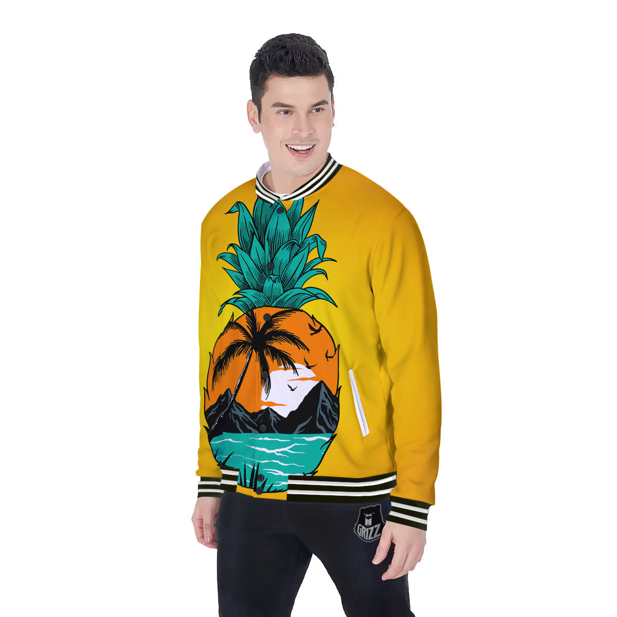 Yellow Pineapple Aloha Tropical Island Print Baseball Jacket-grizzshop