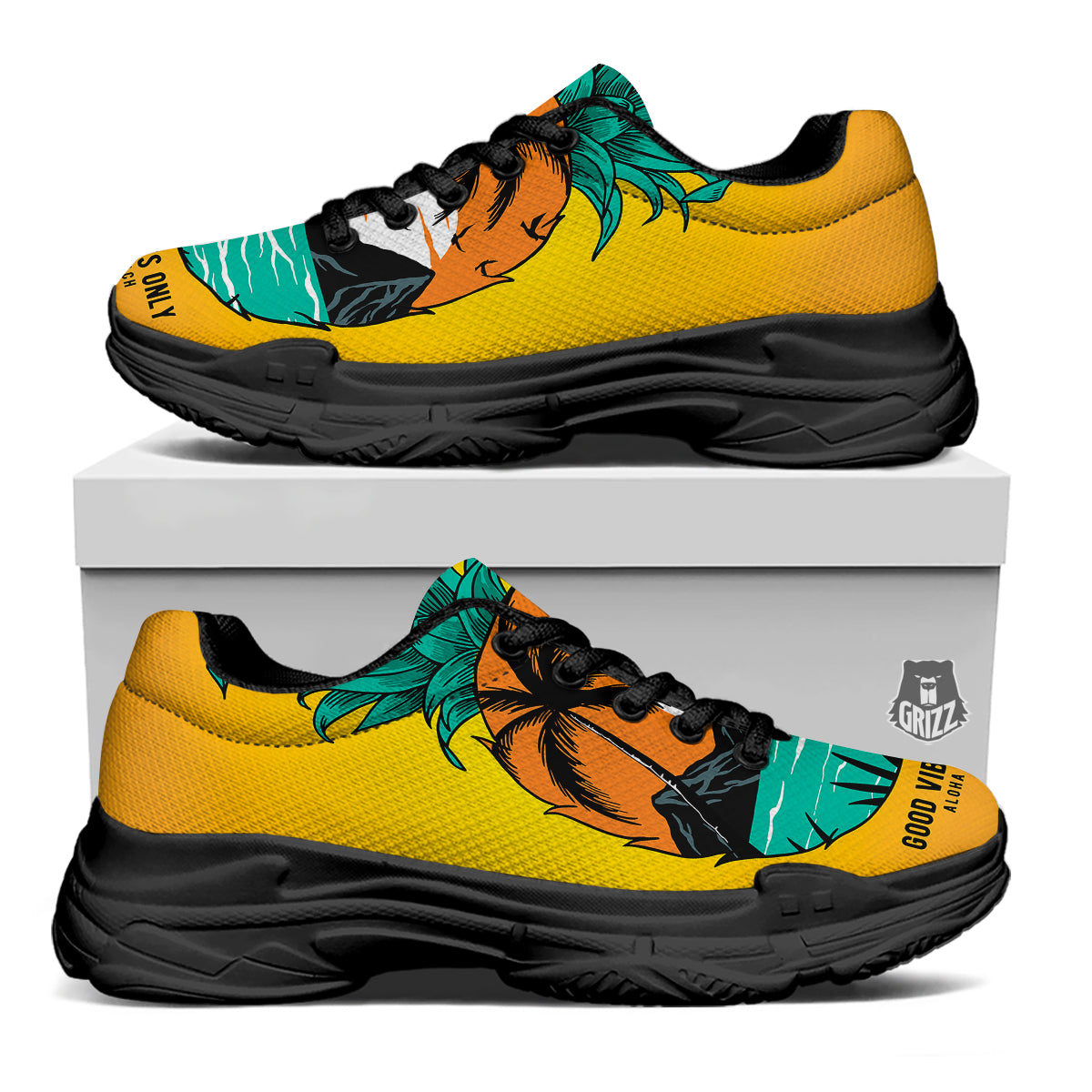 Yellow Pineapple Aloha Tropical Island Print Black Chunky Shoes-grizzshop