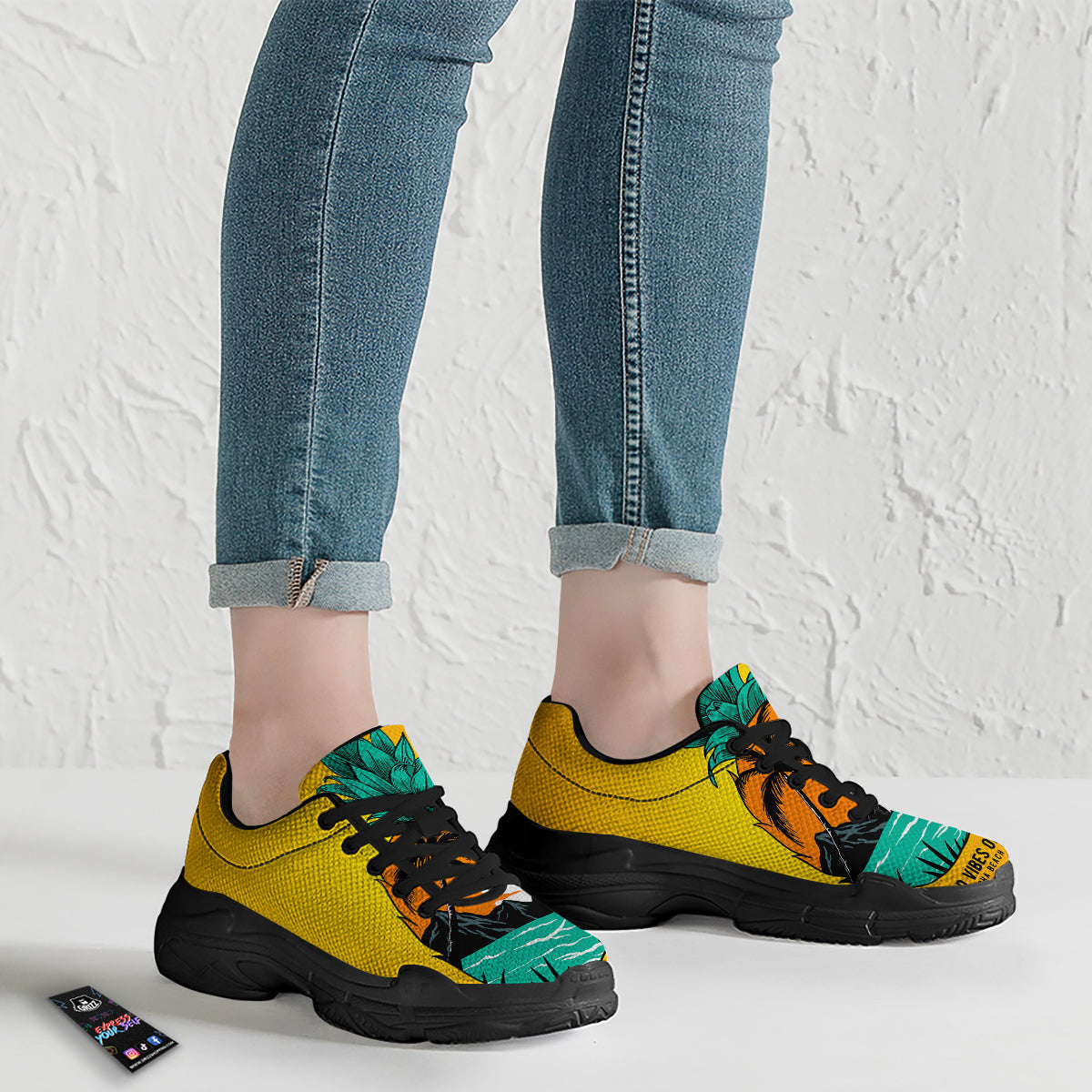 Yellow Pineapple Aloha Tropical Island Print Black Chunky Shoes-grizzshop