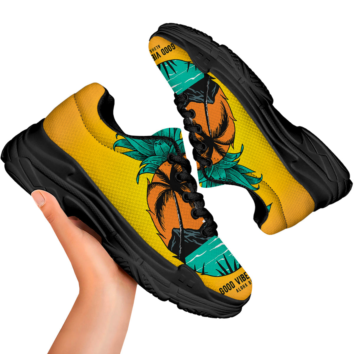 Yellow Pineapple Aloha Tropical Island Print Black Chunky Shoes-grizzshop