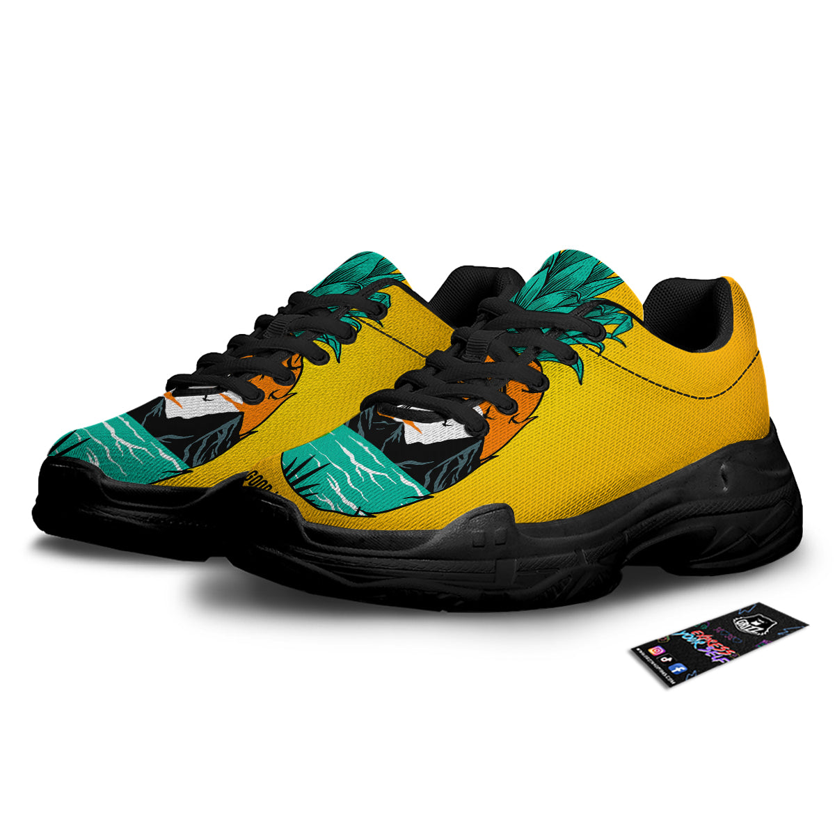 Yellow Pineapple Aloha Tropical Island Print Black Chunky Shoes-grizzshop