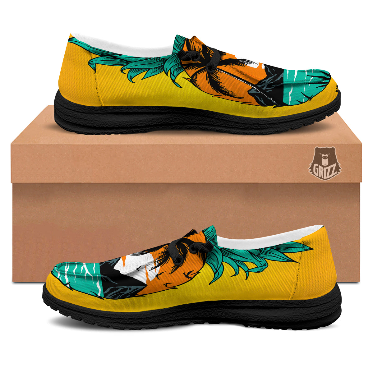 Yellow Pineapple Aloha Tropical Island Print Black Loafers-grizzshop