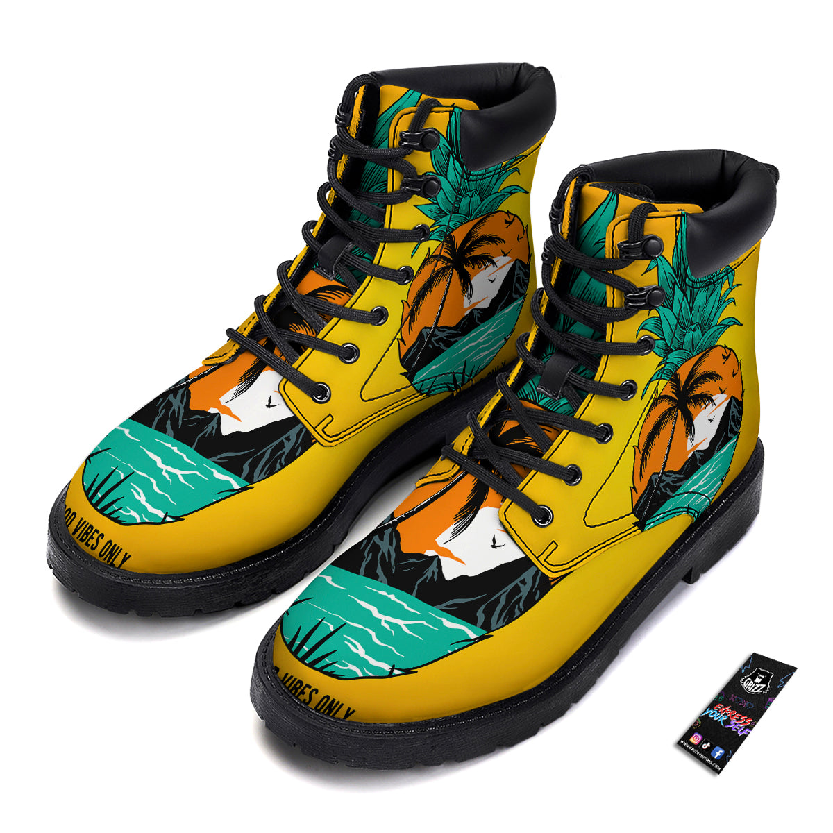 Yellow Pineapple Aloha Tropical Island Print Boots-grizzshop
