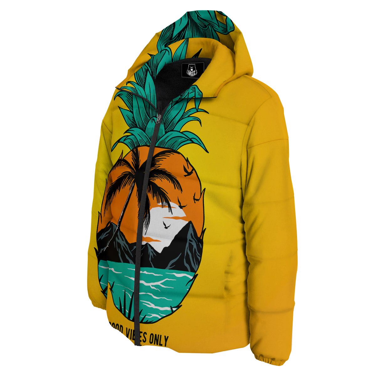 Yellow Pineapple Aloha Tropical Island Print Down Jacket-grizzshop