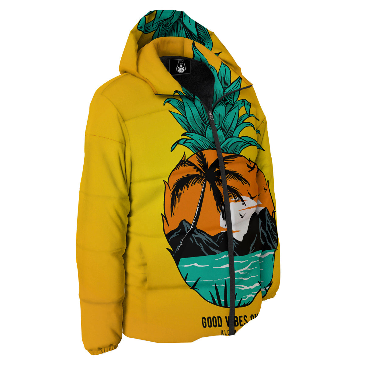 Yellow Pineapple Aloha Tropical Island Print Down Jacket-grizzshop