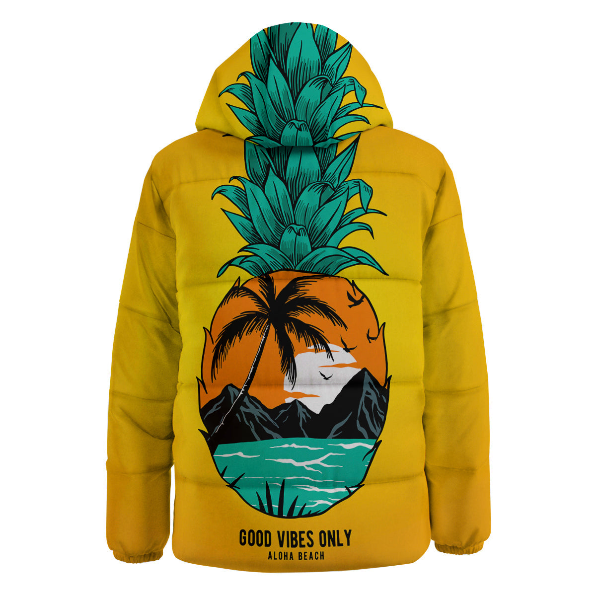 Yellow Pineapple Aloha Tropical Island Print Down Jacket-grizzshop