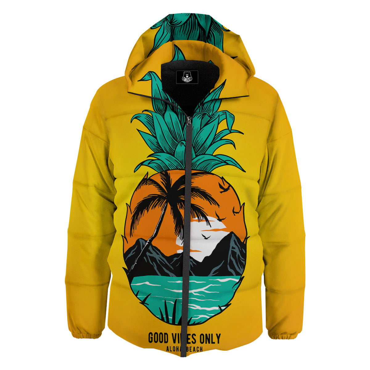 Yellow Pineapple Aloha Tropical Island Print Down Jacket-grizzshop