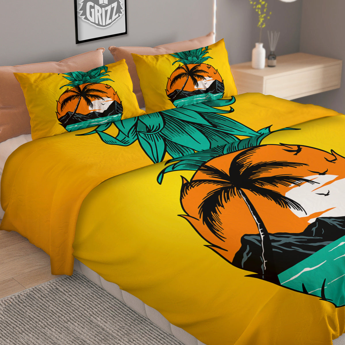 Yellow Pineapple Aloha Tropical Island Print Duvet Cover Bedding Set