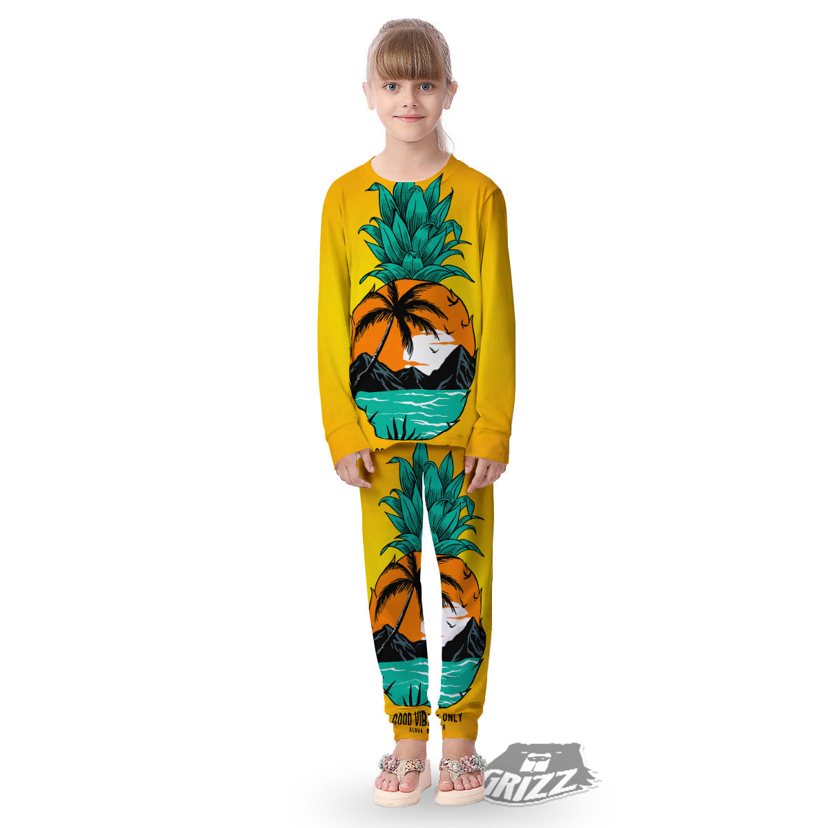 Yellow Pineapple Aloha Tropical Island Print Kid's Pajamas-grizzshop