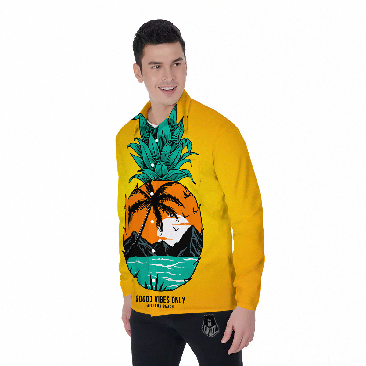 Yellow Pineapple Aloha Tropical Island Print Men's Long Sleeve Shirts-grizzshop
