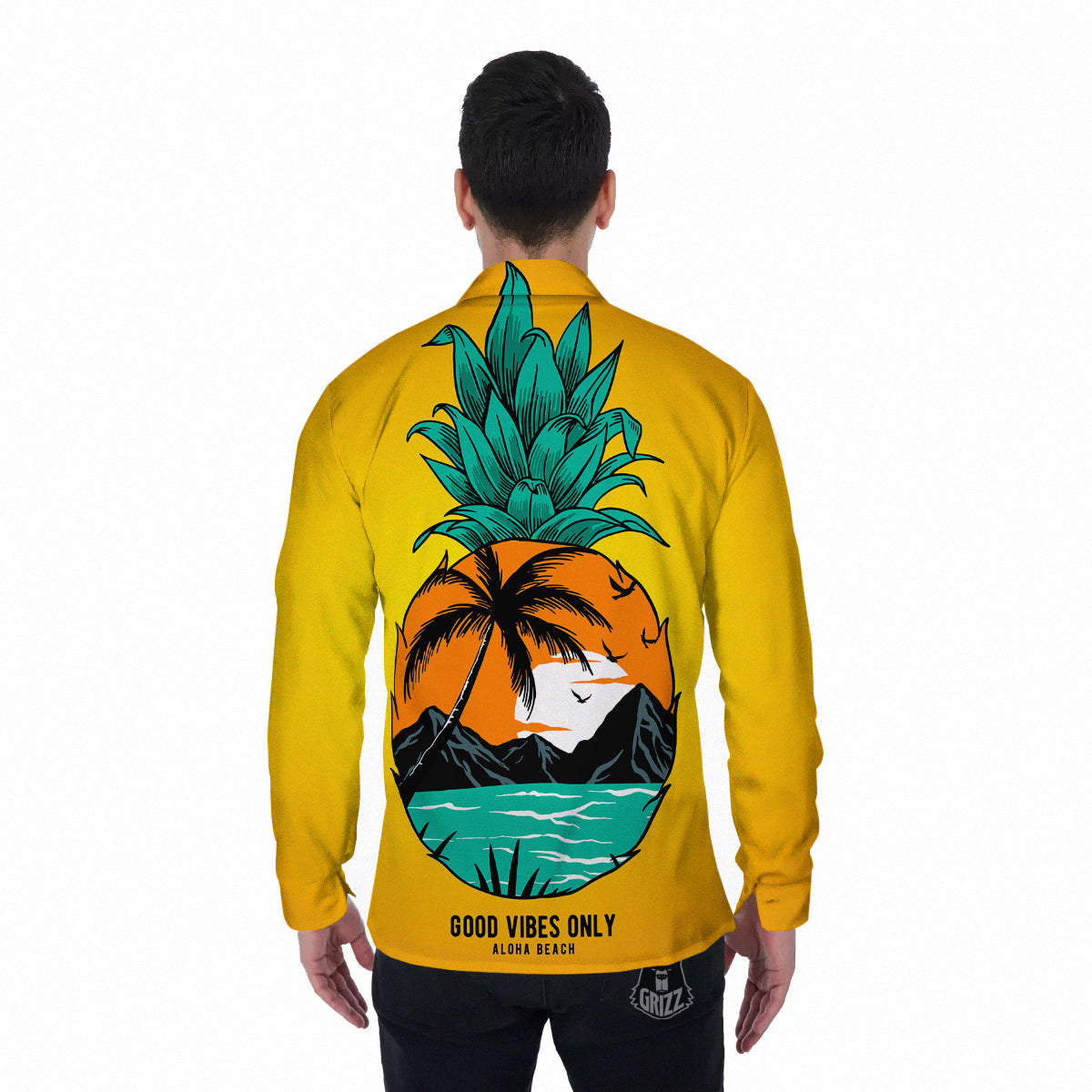 Yellow Pineapple Aloha Tropical Island Print Men's Long Sleeve Shirts-grizzshop