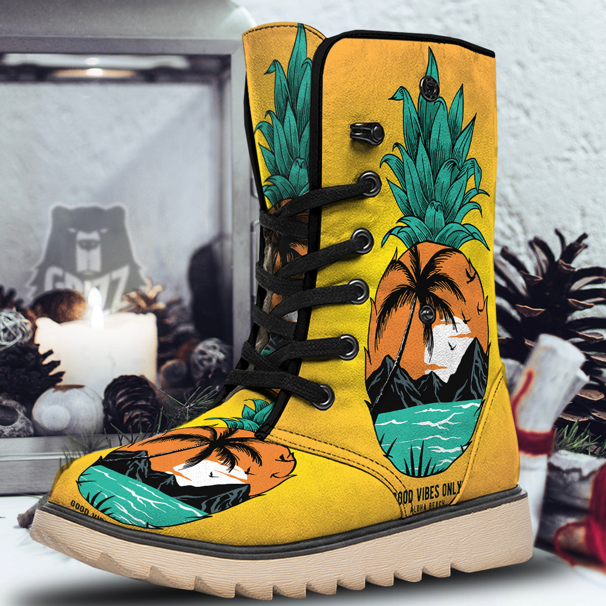 Yellow Pineapple Aloha Tropical Island Print Snow Boots-grizzshop