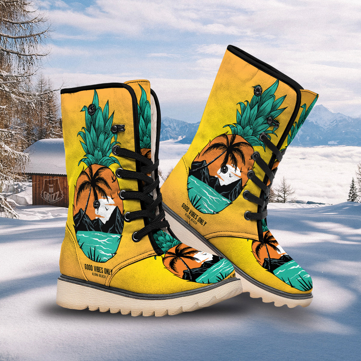 Yellow Pineapple Aloha Tropical Island Print Snow Boots-grizzshop