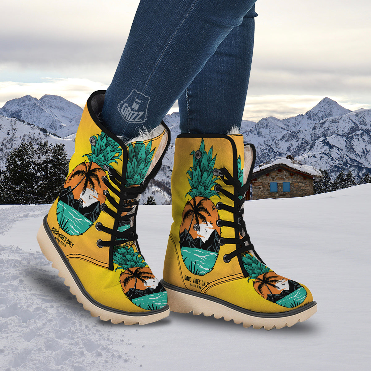 Yellow Pineapple Aloha Tropical Island Print Snow Boots-grizzshop
