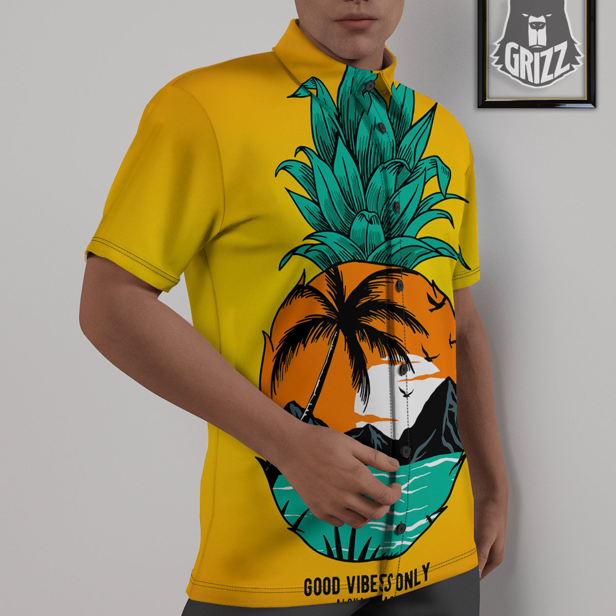 Yellow Pineapple Aloha Tropical Island Print Untucked Shirts-grizzshop