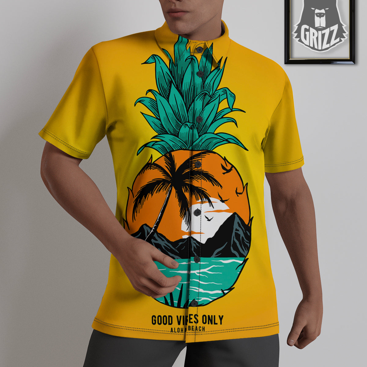Yellow Pineapple Aloha Tropical Island Print Untucked Shirts-grizzshop