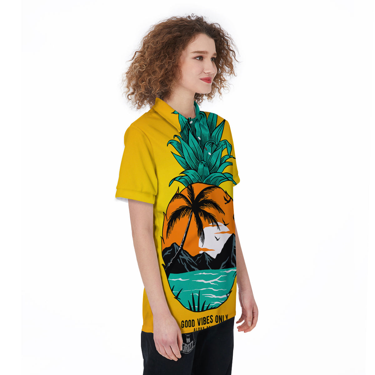 Yellow Pineapple Aloha Tropical Island Print Women's Golf Shirts-grizzshop