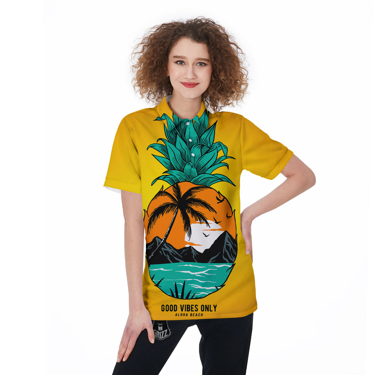 Yellow Pineapple Aloha Tropical Island Print Women's Golf Shirts-grizzshop