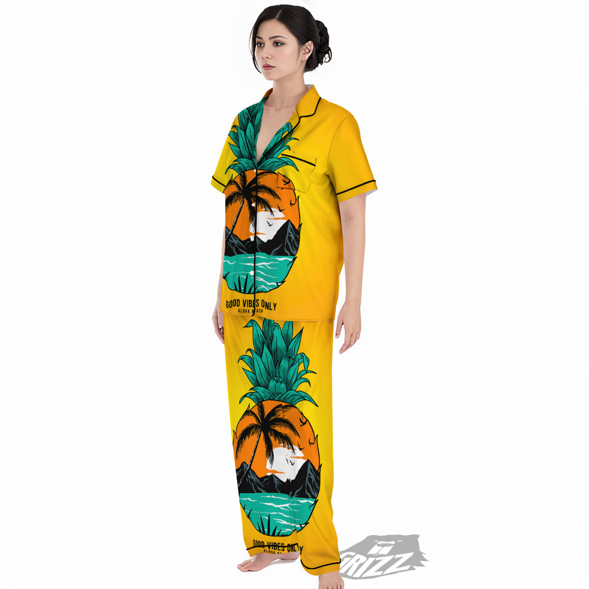 Yellow Pineapple Aloha Tropical Island Print Women's Pajamas Set-grizzshop