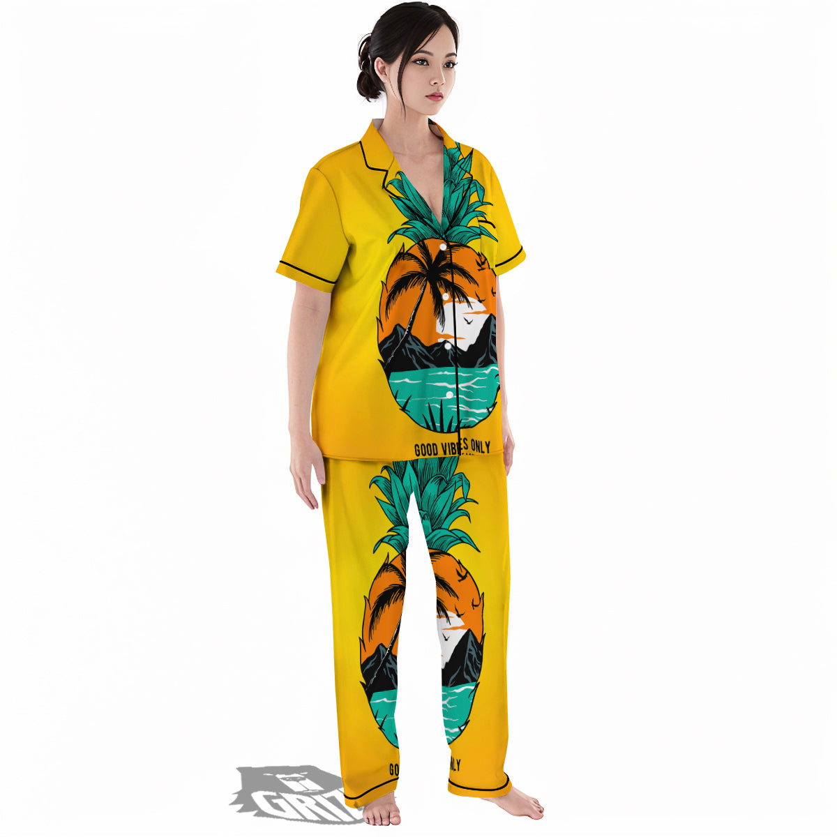 Yellow Pineapple Aloha Tropical Island Print Women's Pajamas Set-grizzshop