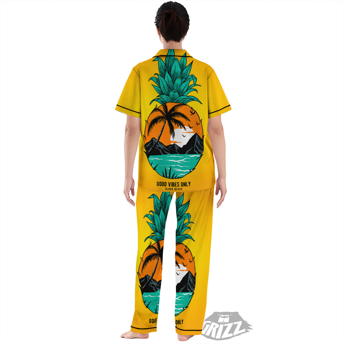Yellow Pineapple Aloha Tropical Island Print Women's Pajamas Set-grizzshop