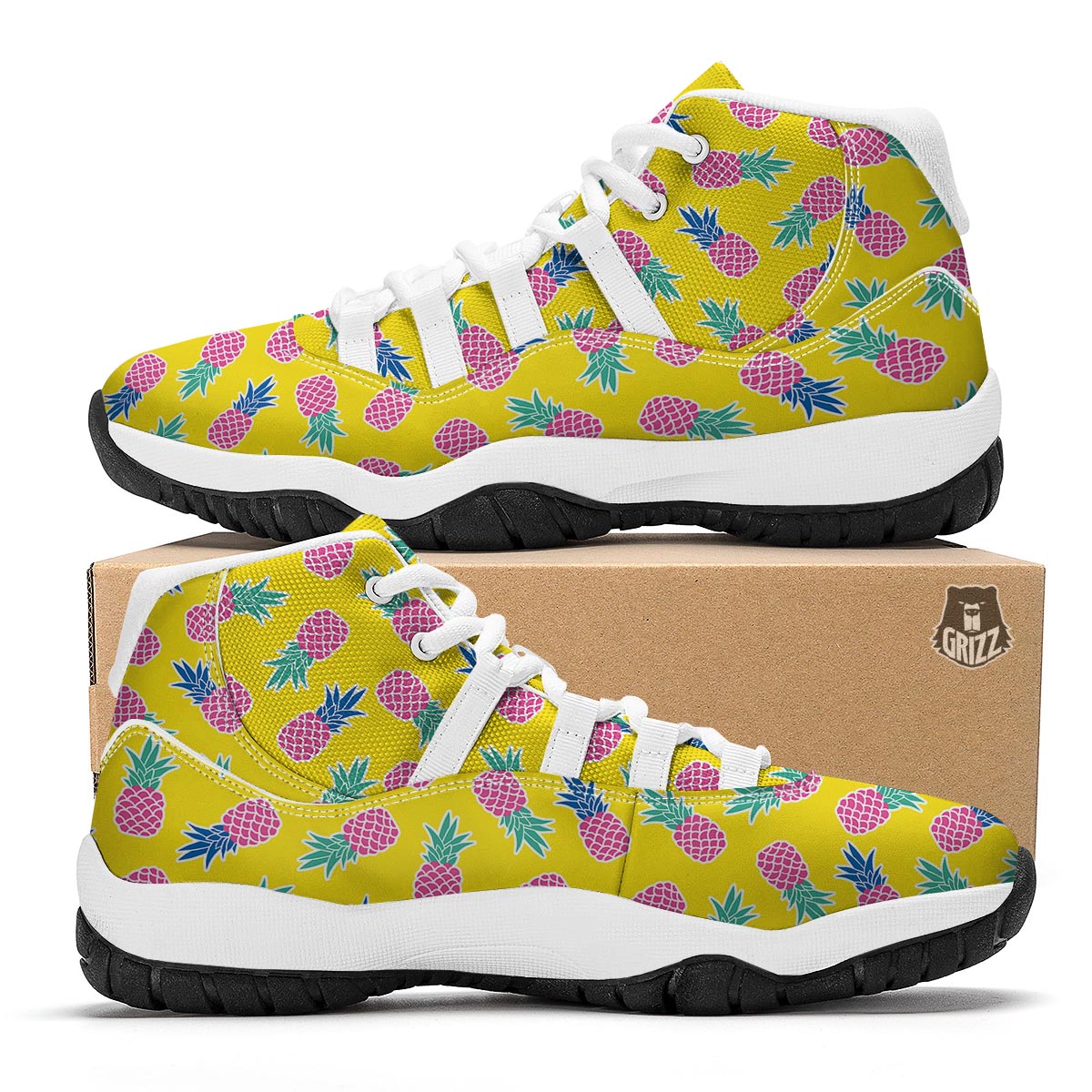 Yellow Purple Pineapple Print White Bball Shoes-grizzshop