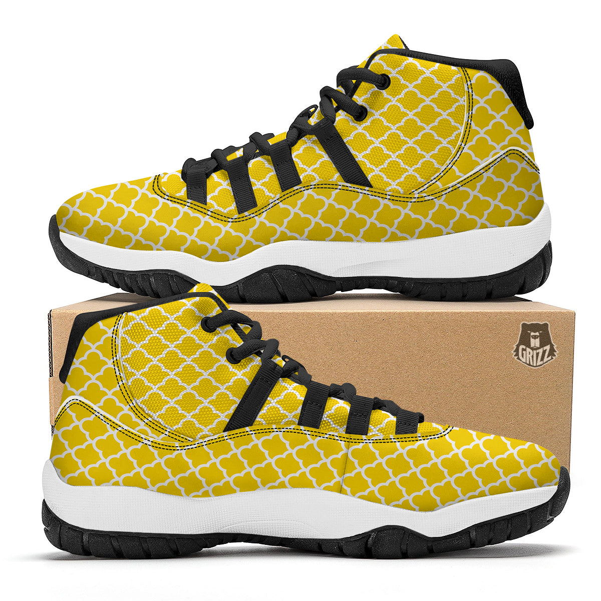 Yellow Quatrefoil Print Pattern Black Bball Shoes-grizzshop