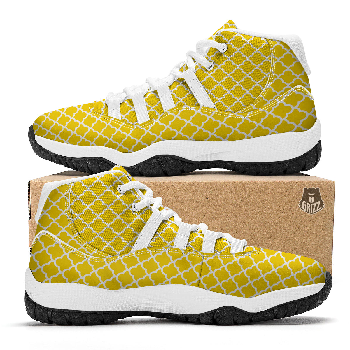 Yellow Quatrefoil Print Pattern White Bball Shoes-grizzshop