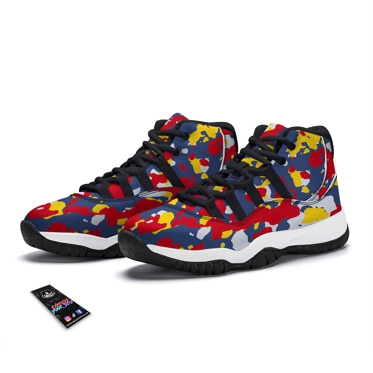 Yellow Red And Blue Camouflage Print Black Bball Shoes-grizzshop