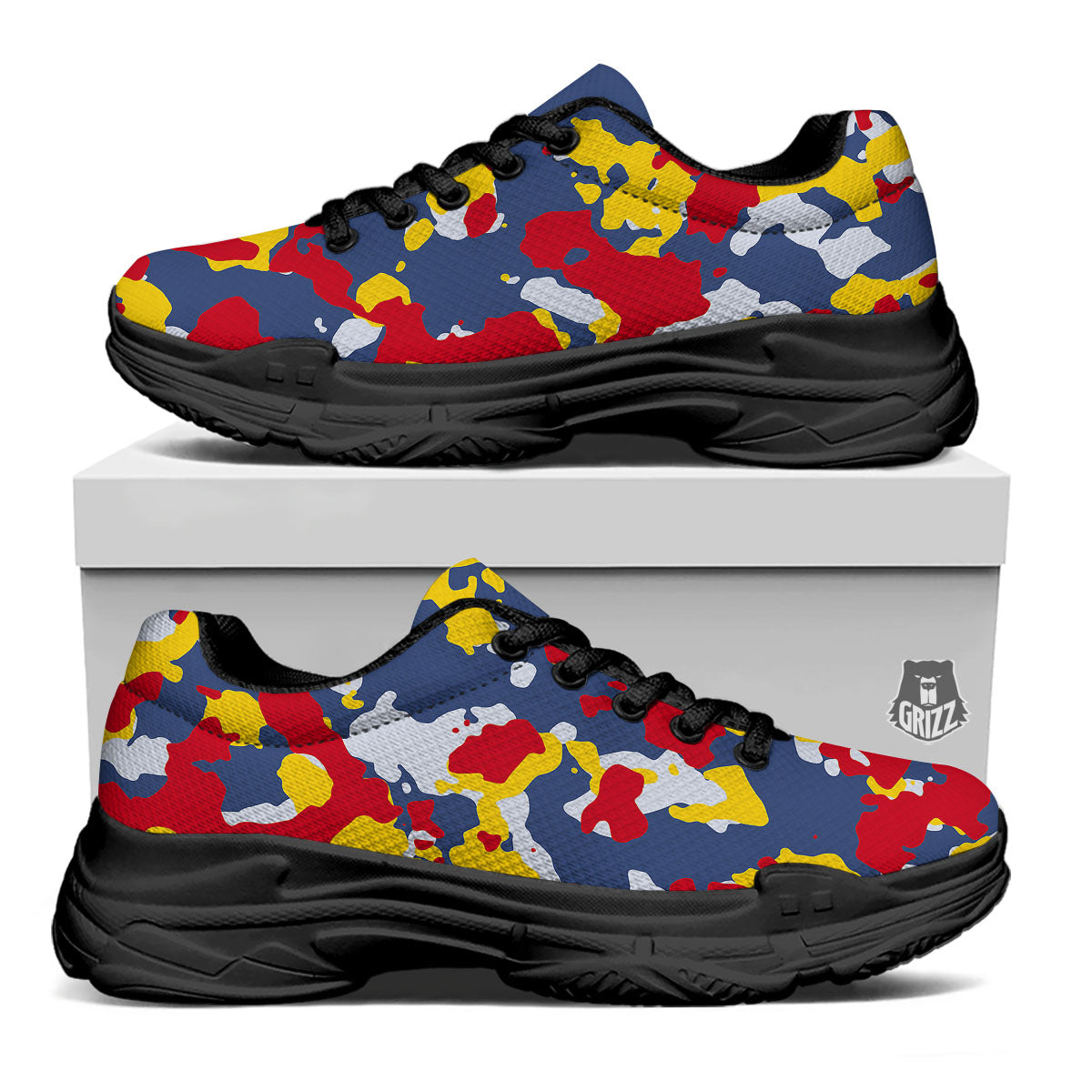 Yellow Red And Blue Camouflage Print Black Chunky Shoes-grizzshop