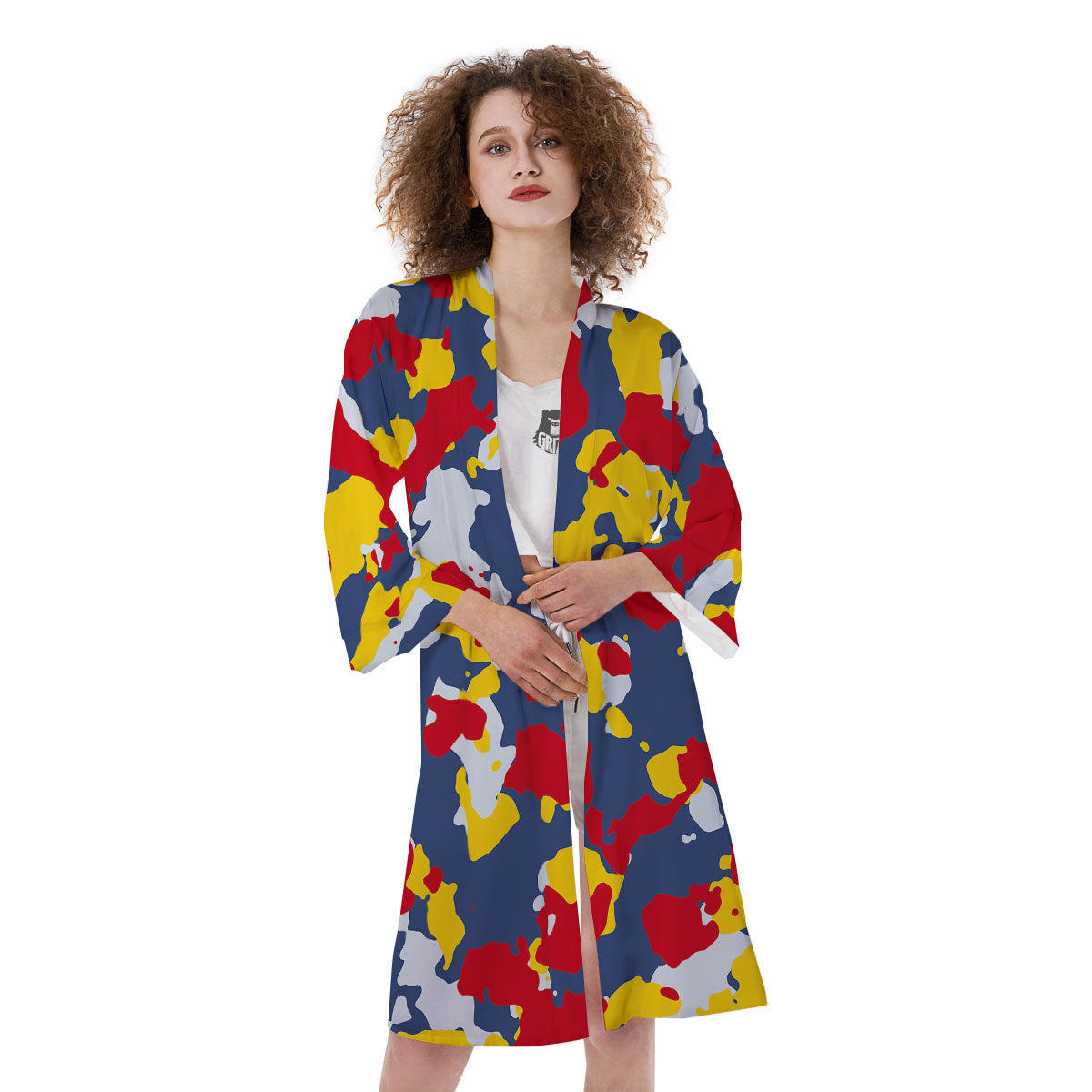 Yellow Red And Blue Camouflage Print Kimono-grizzshop