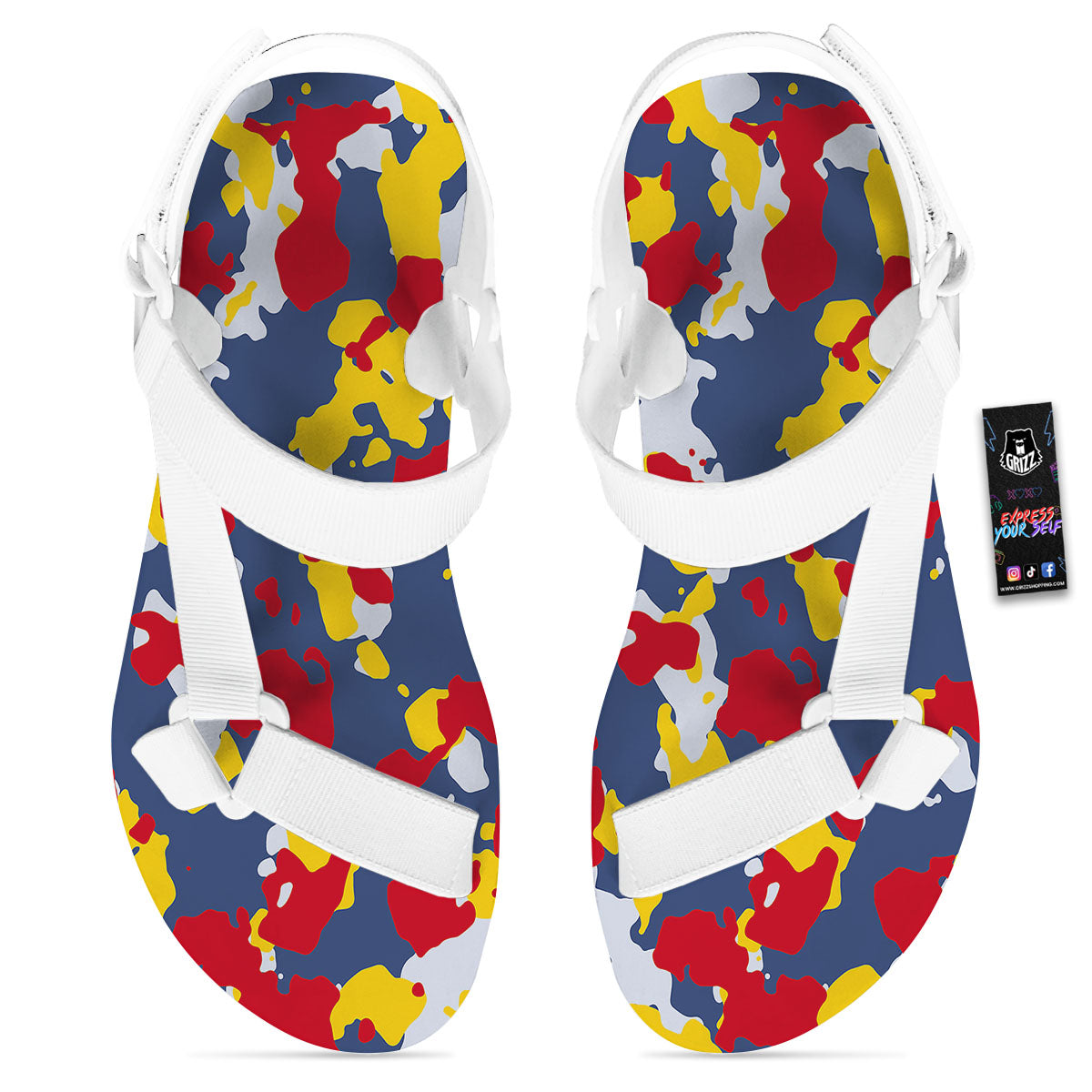 Yellow Red And Blue Camouflage Print White Open Toe Sandals-grizzshop