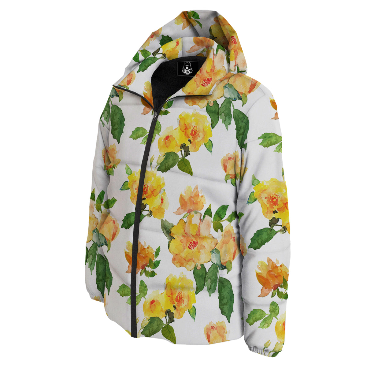 Yellow Rose Watercolor Print Pattern Down Jacket-grizzshop