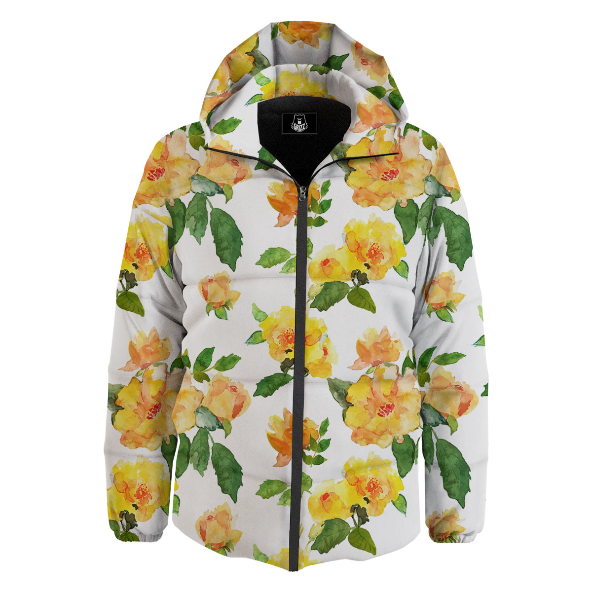 Yellow Rose Watercolor Print Pattern Down Jacket-grizzshop