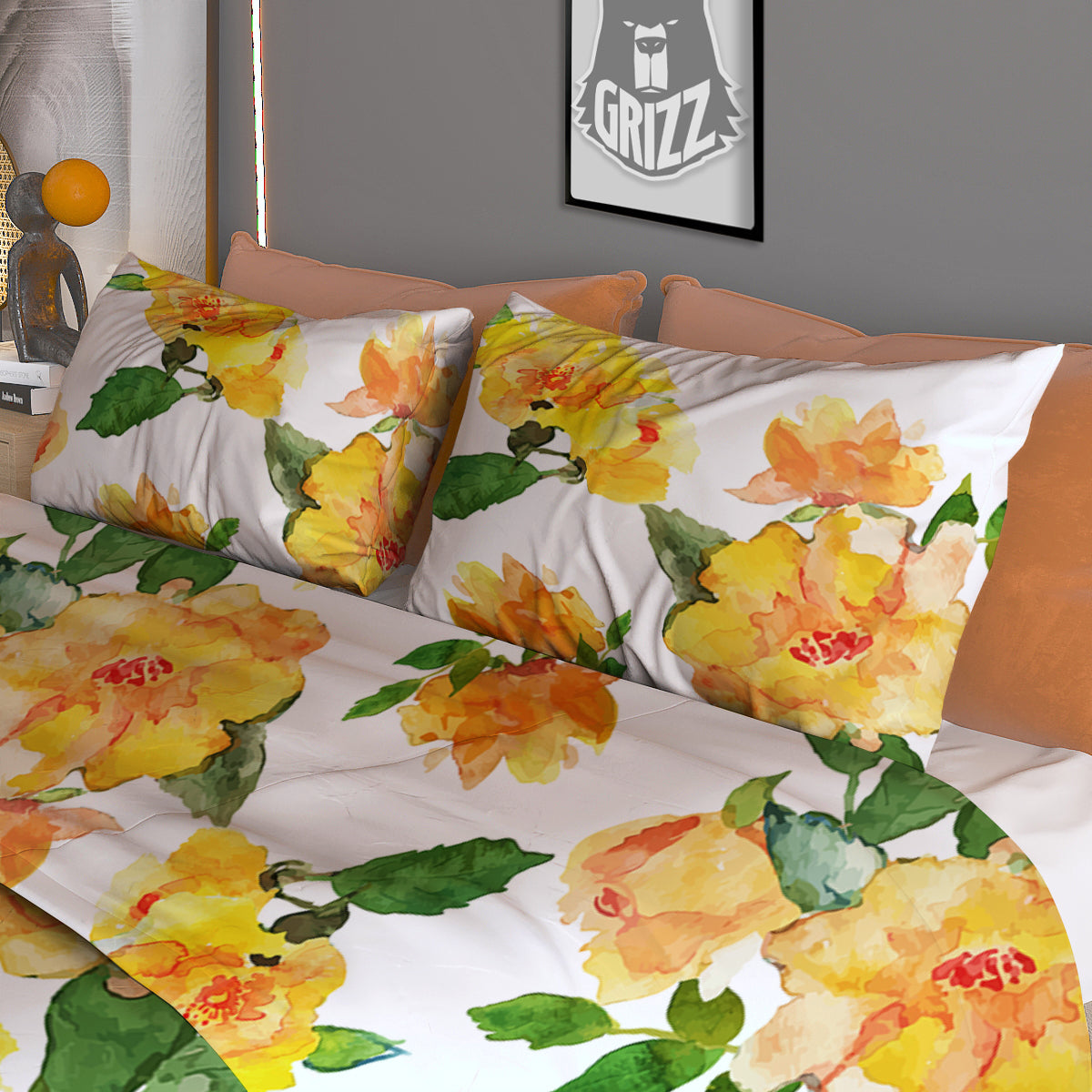 Yellow Rose Watercolor Print Pattern Duvet Cover Bedding Set