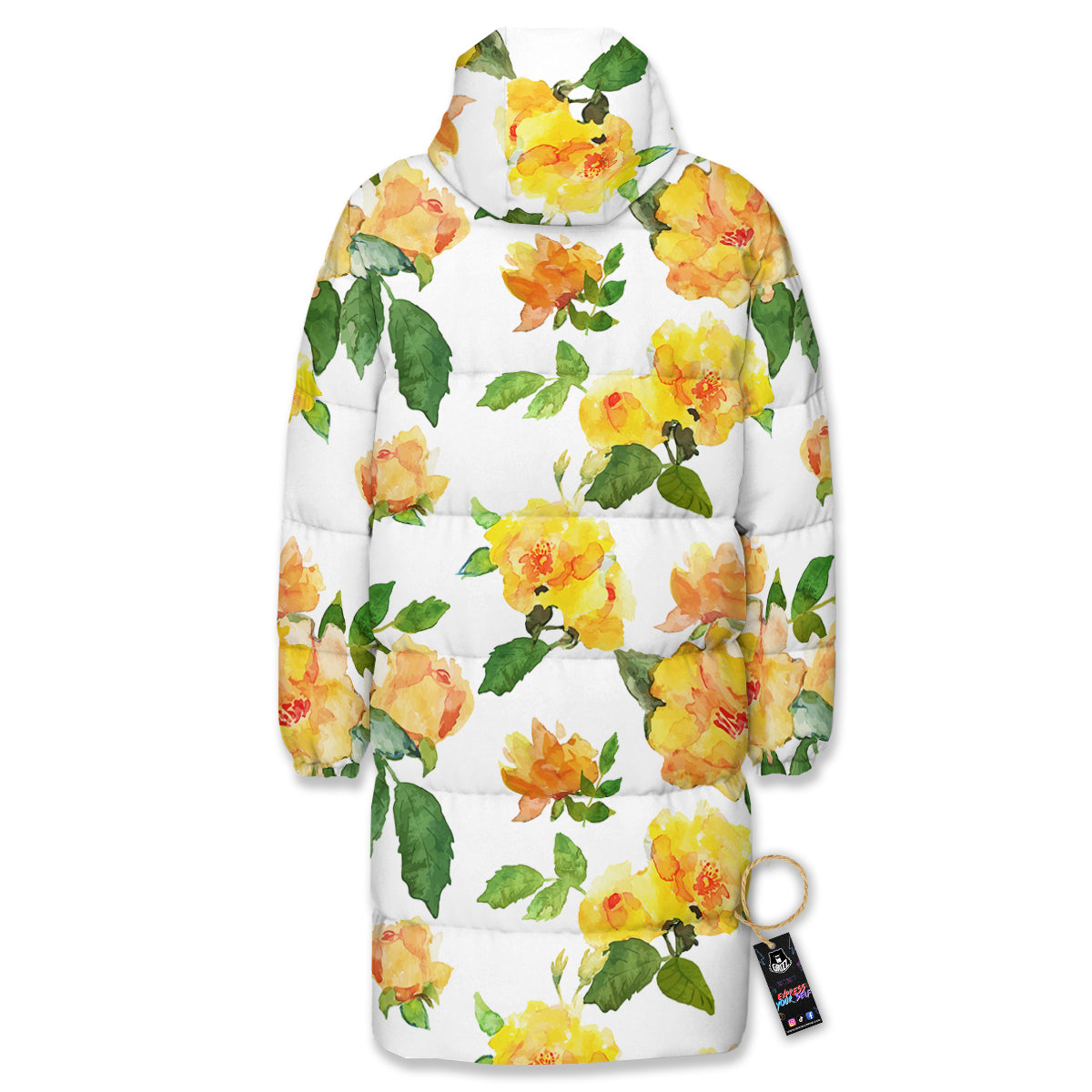 Yellow Rose Watercolor Print Pattern Long Down Jacket-grizzshop