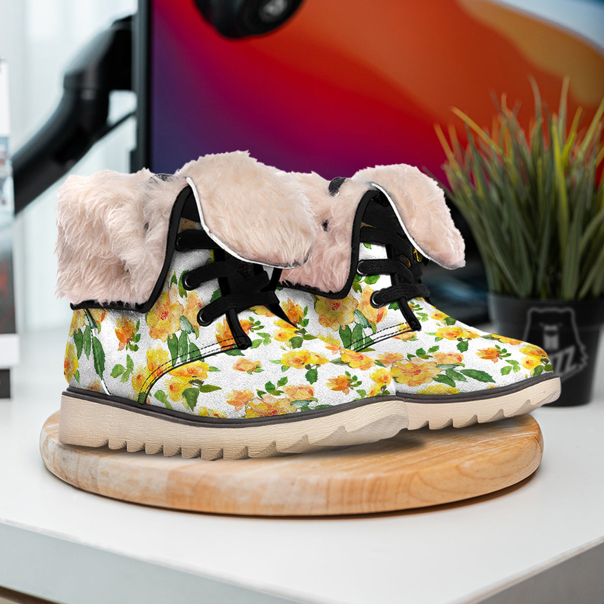 Yellow Rose Watercolor Print Pattern Snow Boots-grizzshop