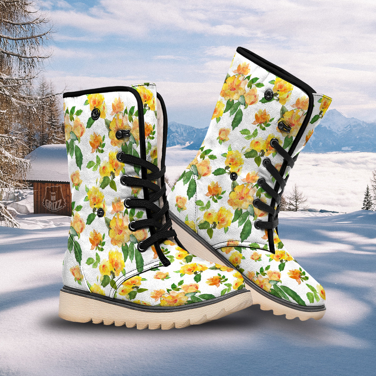 Yellow Rose Watercolor Print Pattern Snow Boots-grizzshop