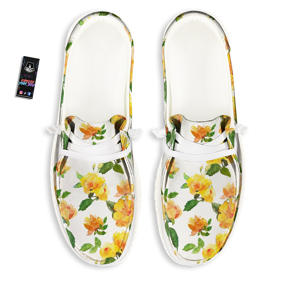 Yellow Rose Watercolor Print Pattern White Loafers-grizzshop