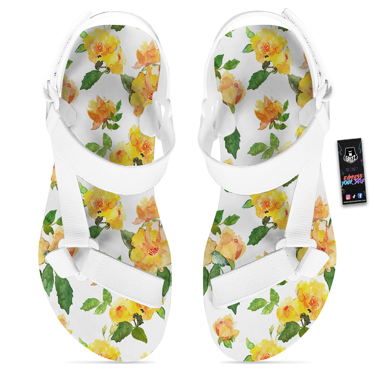 Yellow Rose Watercolor Print Pattern White Open Toe Sandals-grizzshop