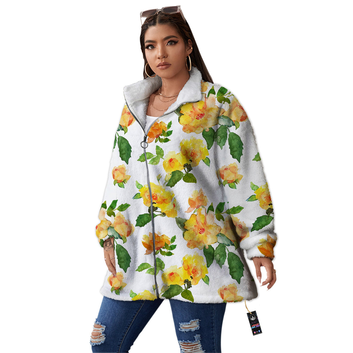 Yellow Rose Watercolor Print Pattern Women's Sherpa Jacket-grizzshop