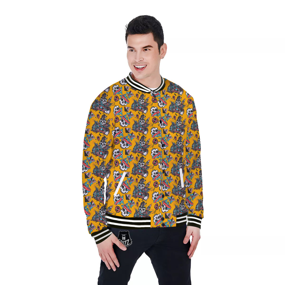 Yellow Skull Old School Tattoo Print Pattern Baseball Jacket-grizzshop