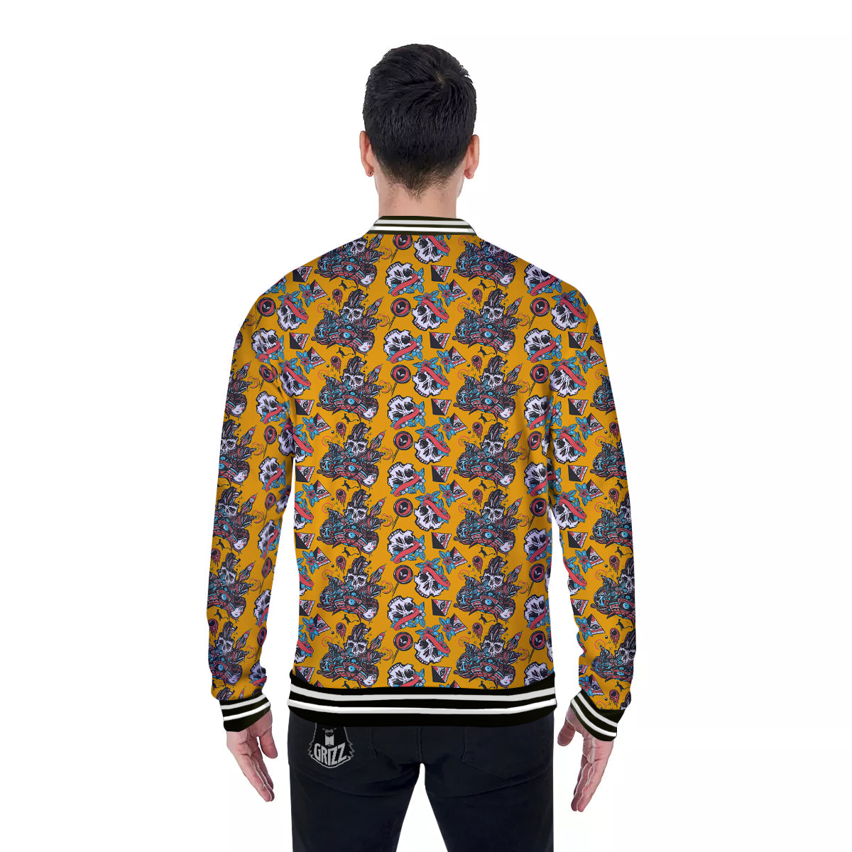 Yellow Skull Old School Tattoo Print Pattern Baseball Jacket-grizzshop