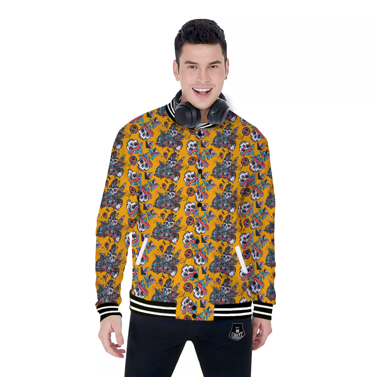 Yellow Skull Old School Tattoo Print Pattern Baseball Jacket-grizzshop