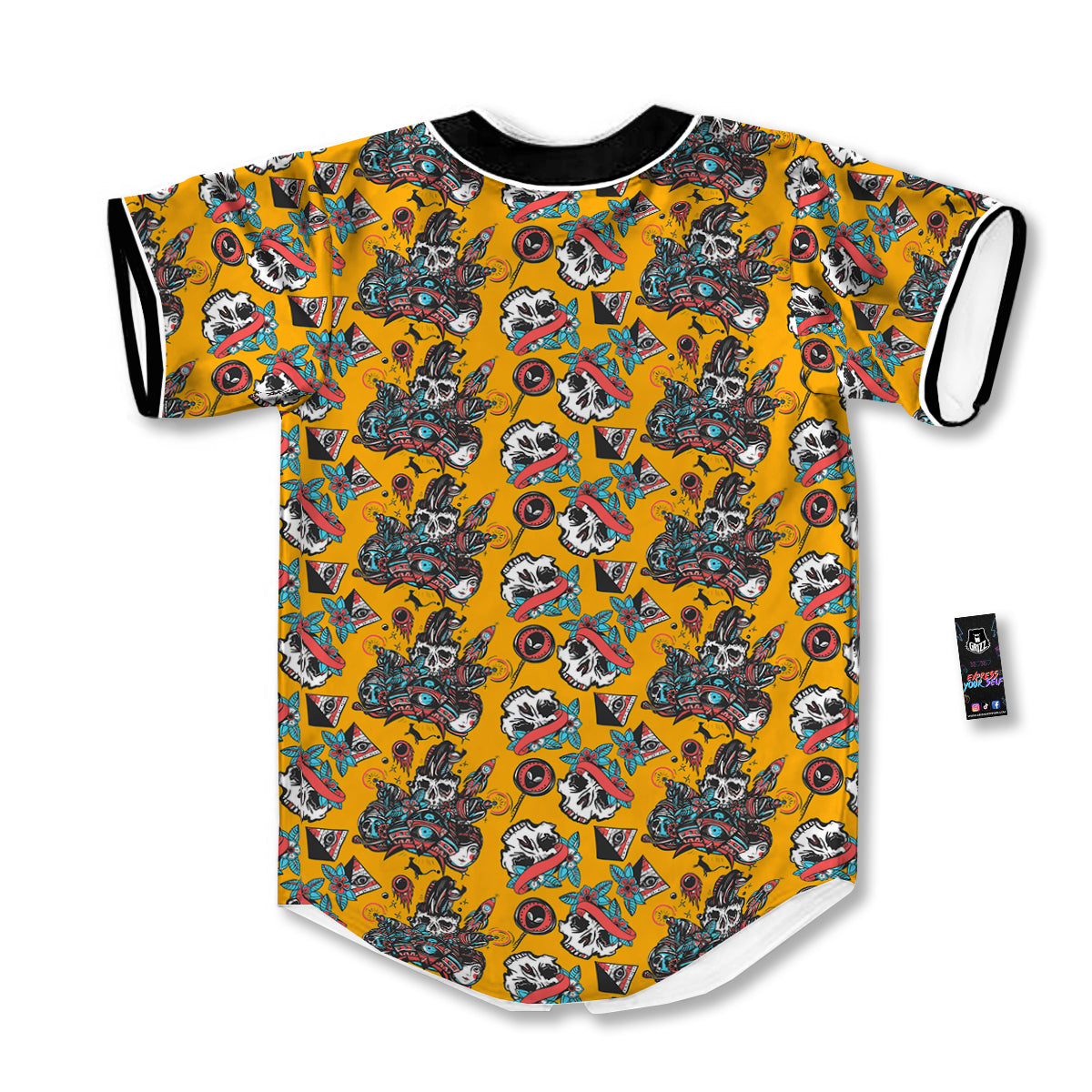 Yellow Skull Old School Tattoo Print Pattern Baseball Jersey-grizzshop