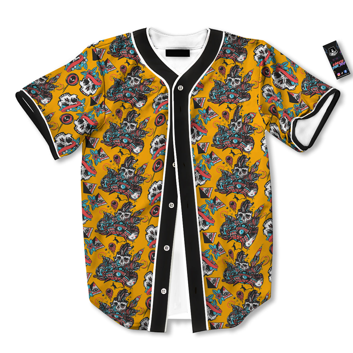 Yellow Skull Old School Tattoo Print Pattern Baseball Jersey-grizzshop