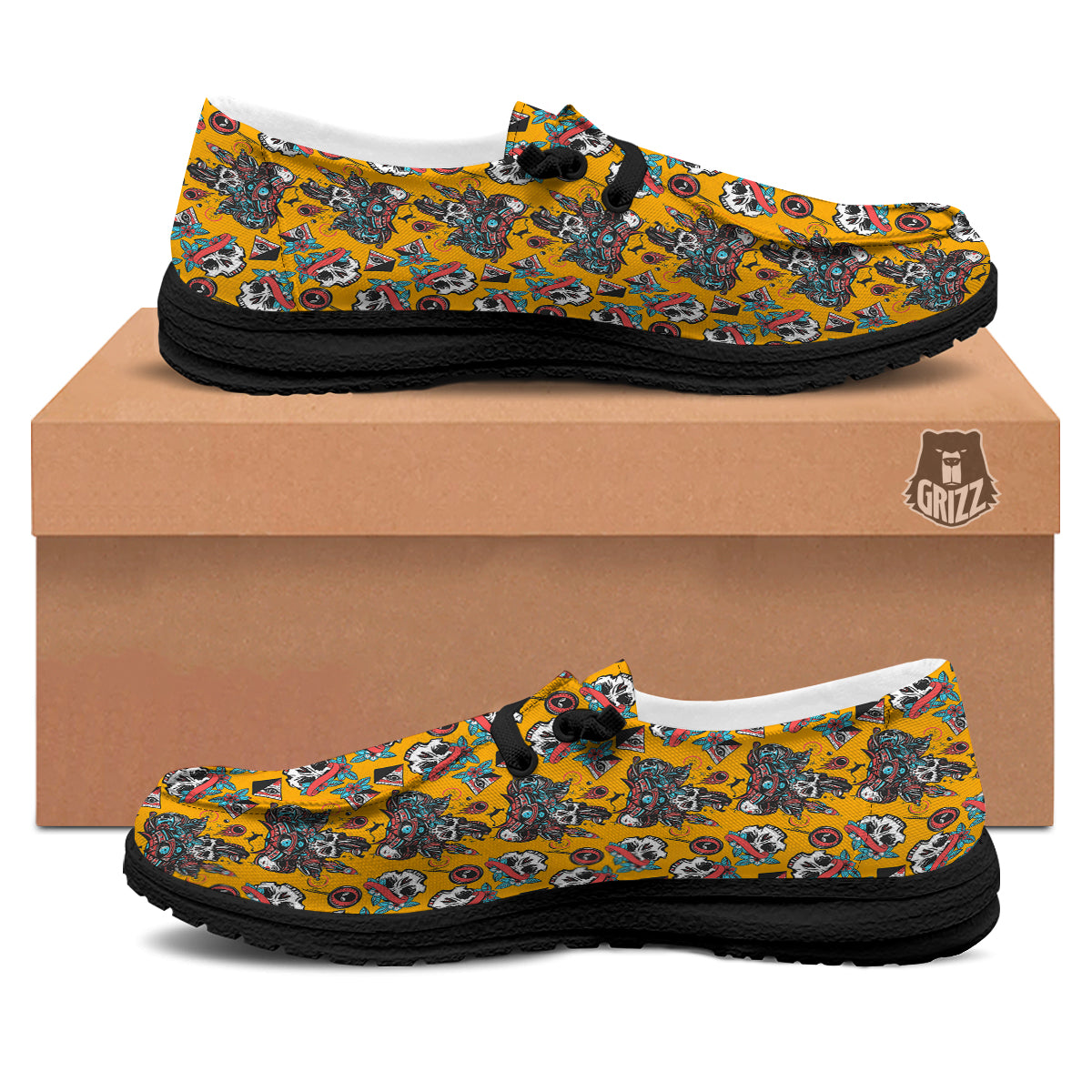 Yellow Skull Old School Tattoo Print Pattern Black Loafers-grizzshop