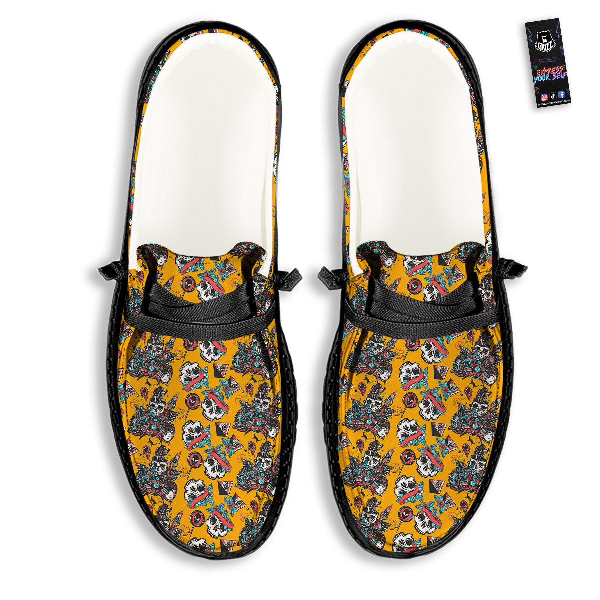 Yellow Skull Old School Tattoo Print Pattern Black Loafers-grizzshop